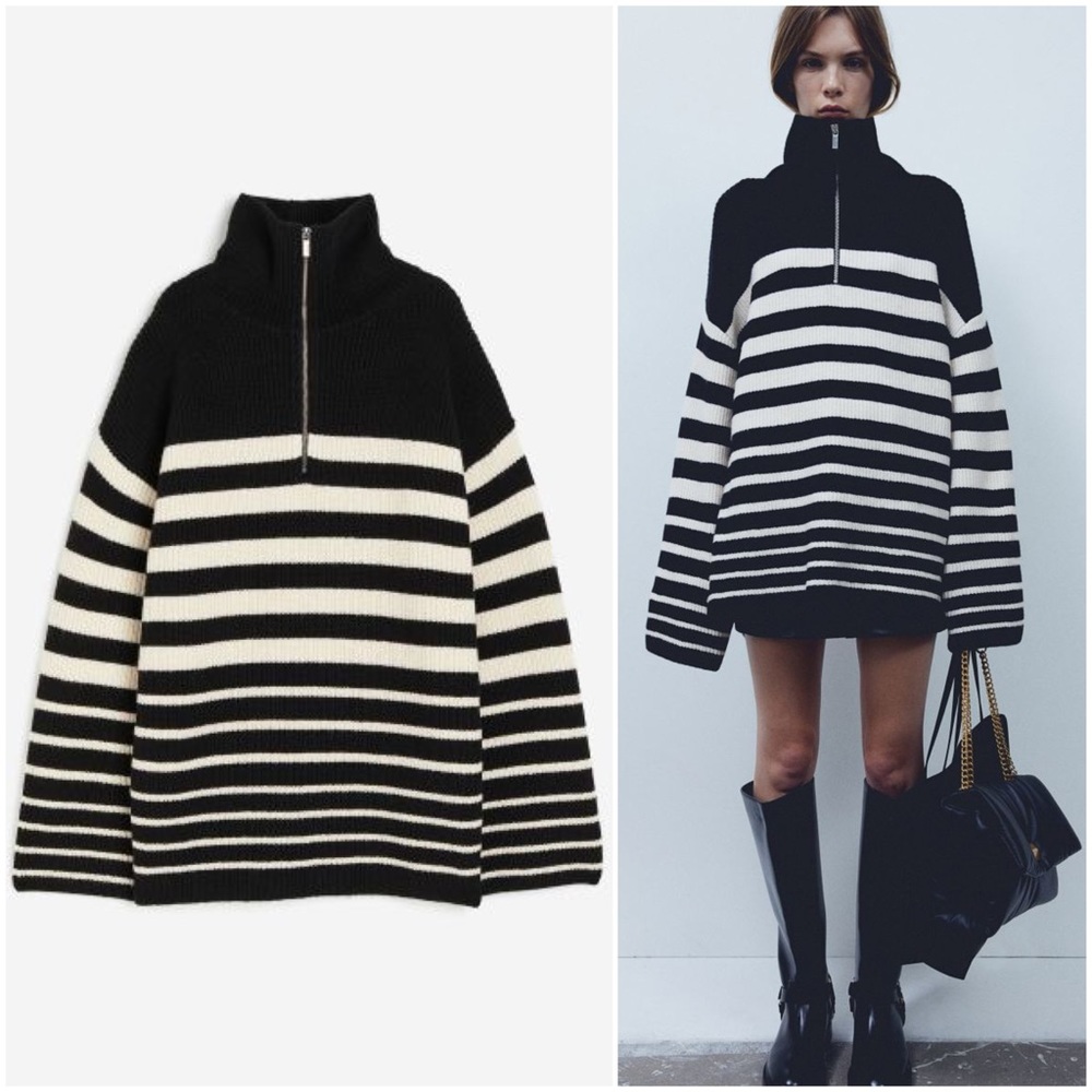 Black/Cream Striped Rib Knit Half Zip Sweater - Picture 9 of 9